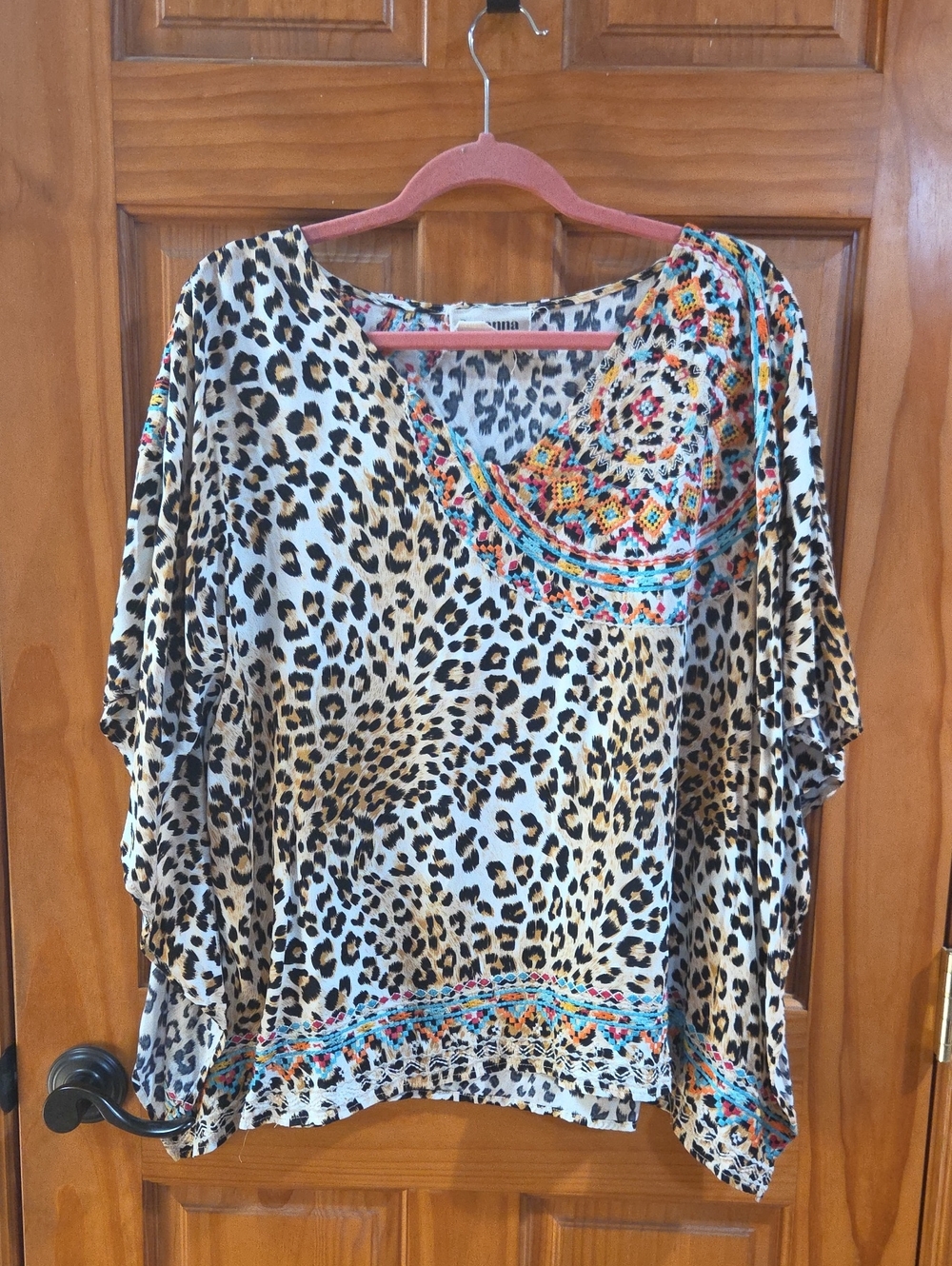 Leopard Print Short Sleeve V-Neck Top with Multicolor Embroidered Trim